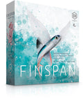 Finspan: A Wingspan Game box front by Stonemaier Games featuring a flying fish illustration on a teal watercolor ocean background.