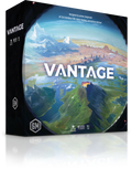 Front of the Vantage board game box showing a sweeping aerial planet landscape with mountains, oceans, and a volcano, designed by Jamey Stegmaier.