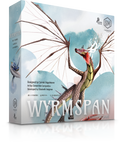 Wyrmspan board game box by Stonemaier Games featuring a watercolor dragon with spread wings on a misty blue background.