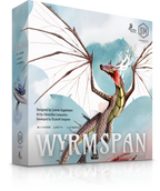 Wyrmspan board game box by Stonemaier Games featuring a watercolor dragon with spread wings on a misty blue background.