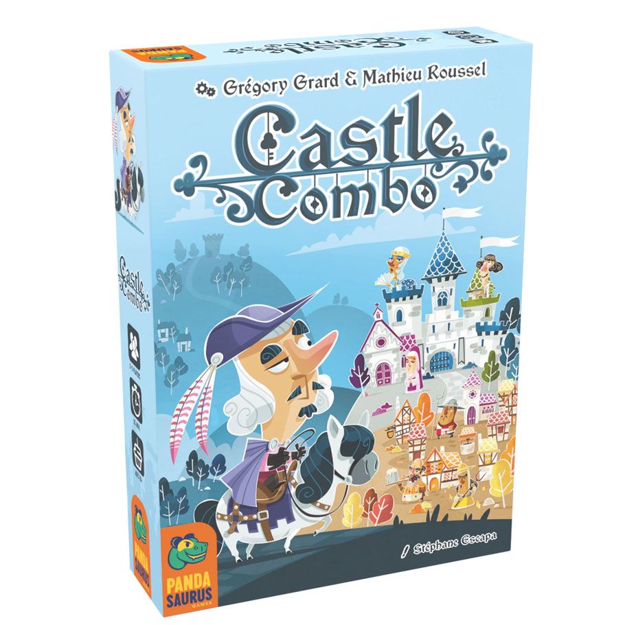 Front box of Castle Combo board game by Pandasaurus, featuring cartoon medieval characters and a colorful castle village illustration.