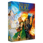 Front box cover of The Lord of the Rings: Duel for Middle-Earth, showing two armored warriors facing off against a split good-vs-evil fantasy backdrop.