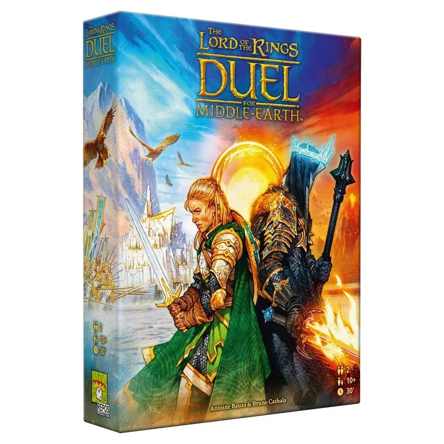 Front box cover of The Lord of the Rings: Duel for Middle-Earth, showing two armored warriors facing off against a split good-vs-evil fantasy backdrop.