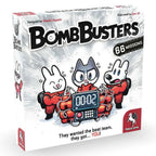 Bomb Busters board game box by Pegasus Spiele featuring cartoon animal characters in red jumpsuits defusing a bomb with 2 seconds remaining.