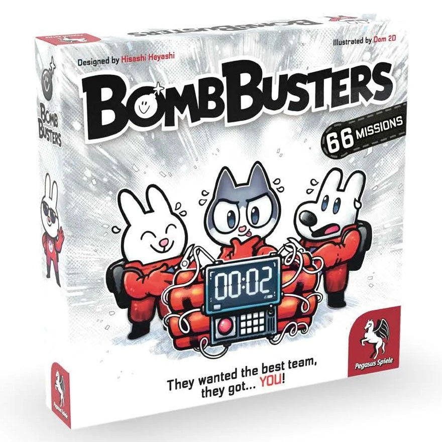 Bomb Busters board game box by Pegasus Spiele featuring cartoon animal characters in red jumpsuits defusing a bomb with 2 seconds remaining.