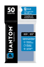 Phantom Sleeves Blue 50-count pack for 58x89mm cards, featuring matte front and matte back finish, compatible with Chimera and more.