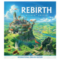 Front box cover of Rebirth by Reiner Knizia showing a lush fantasy civilization atop a cliff with wind turbines and an airship.