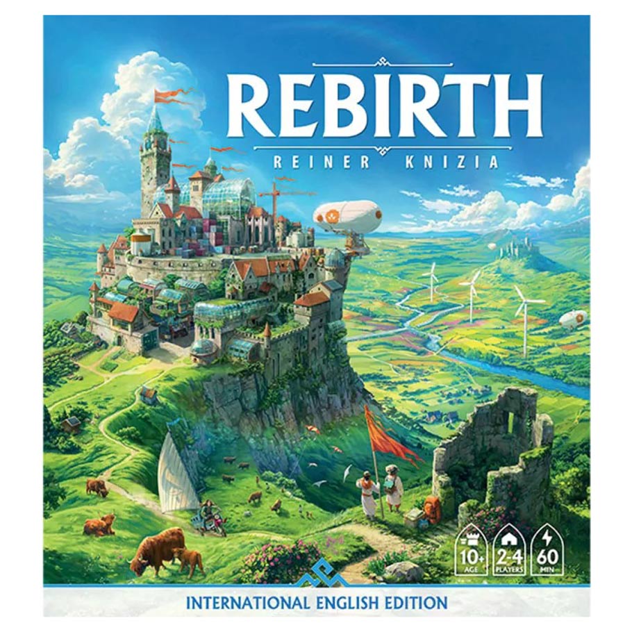 Front box cover of Rebirth by Reiner Knizia showing a lush fantasy civilization atop a cliff with wind turbines and an airship.