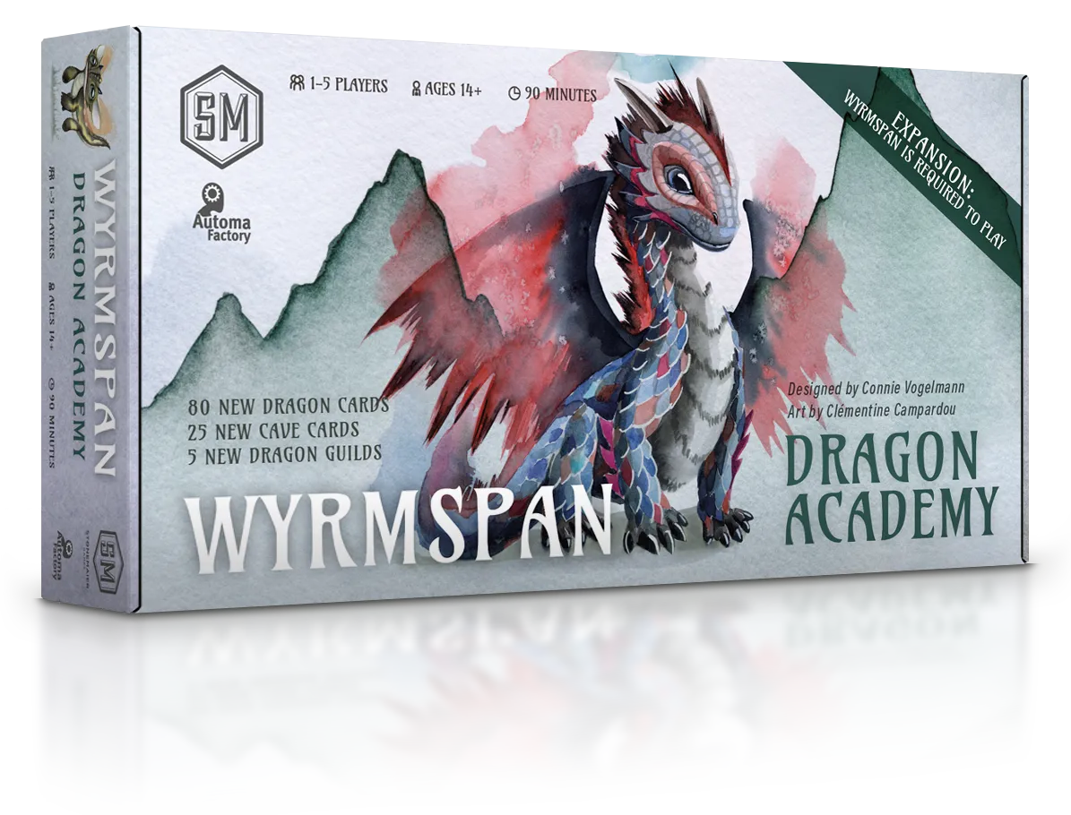 Wyrmspan Dragon Academy expansion box featuring watercolor art of a young dragon, for 1–5 players ages 14+ lasting 90 minutes.