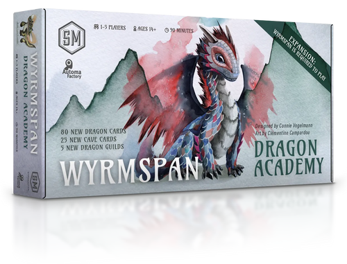 Wyrmspan Dragon Academy expansion box featuring watercolor art of a young dragon, for 1–5 players ages 14+ lasting 90 minutes.