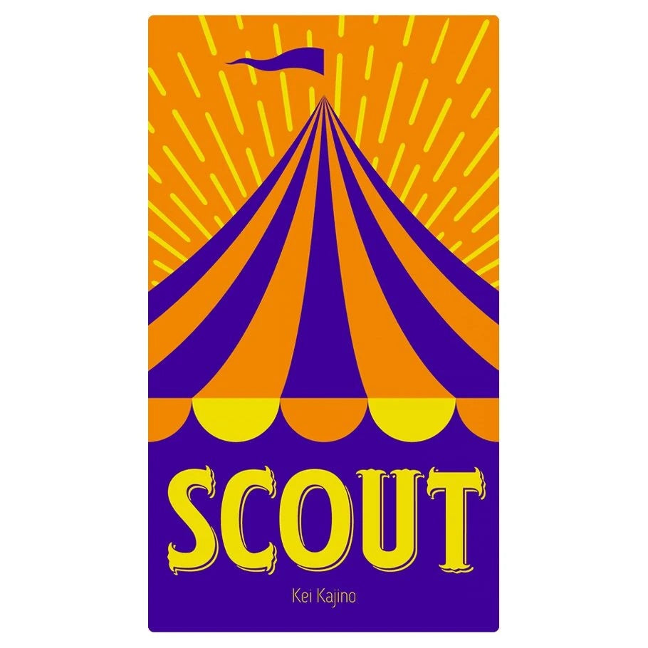 Front box cover of Scout card game by Kei Kajino featuring a bold circus tent illustration in orange and purple with yellow title text.