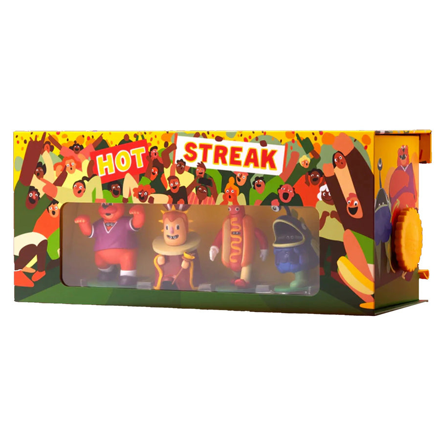 Hot Streak board game box with clear window displaying four colorful character miniatures including a hot dog and boxer figurines.