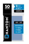 Phantom Sleeves Blue 50-count pack for 58x89mm cards, featuring matte front and matte back finish, compatible with Chimera and more.