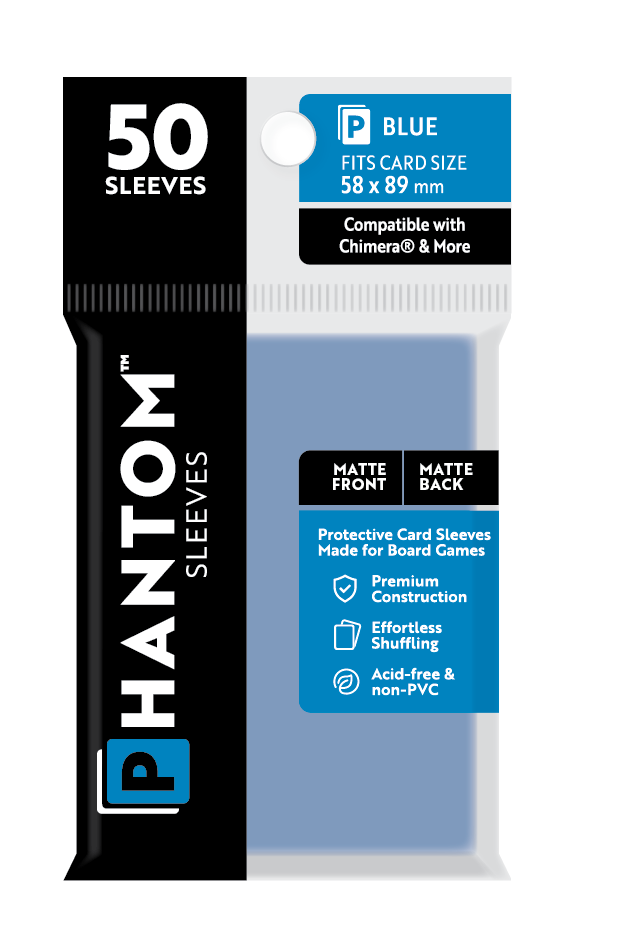 Phantom Sleeves Blue 50-count pack for 58x89mm cards, featuring matte front and matte back finish, compatible with Chimera and more.