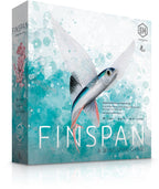 Finspan: A Wingspan Game box front by Stonemaier Games featuring a flying fish illustration on a teal watercolor ocean background.
