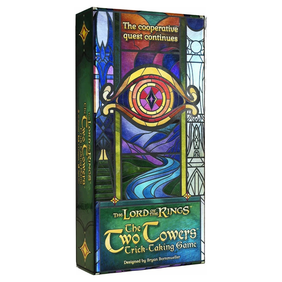 Front box of The Lord of the Rings: The Two Towers Trick-Taking Game featuring stained-glass Eye of Sauron artwork on a dark green box.