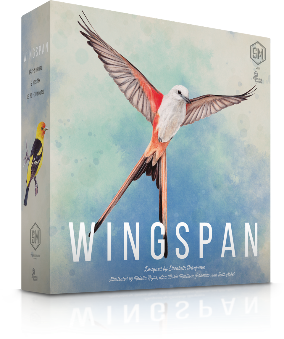 Wingspan board game box by Stonemaier Games featuring a scissor-tailed flycatcher in flight on a soft watercolor background.