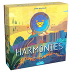 Front of Harmonies board game box by Libellud, featuring a stylized lion amid a vibrant, colorful landscape of hills and trees.