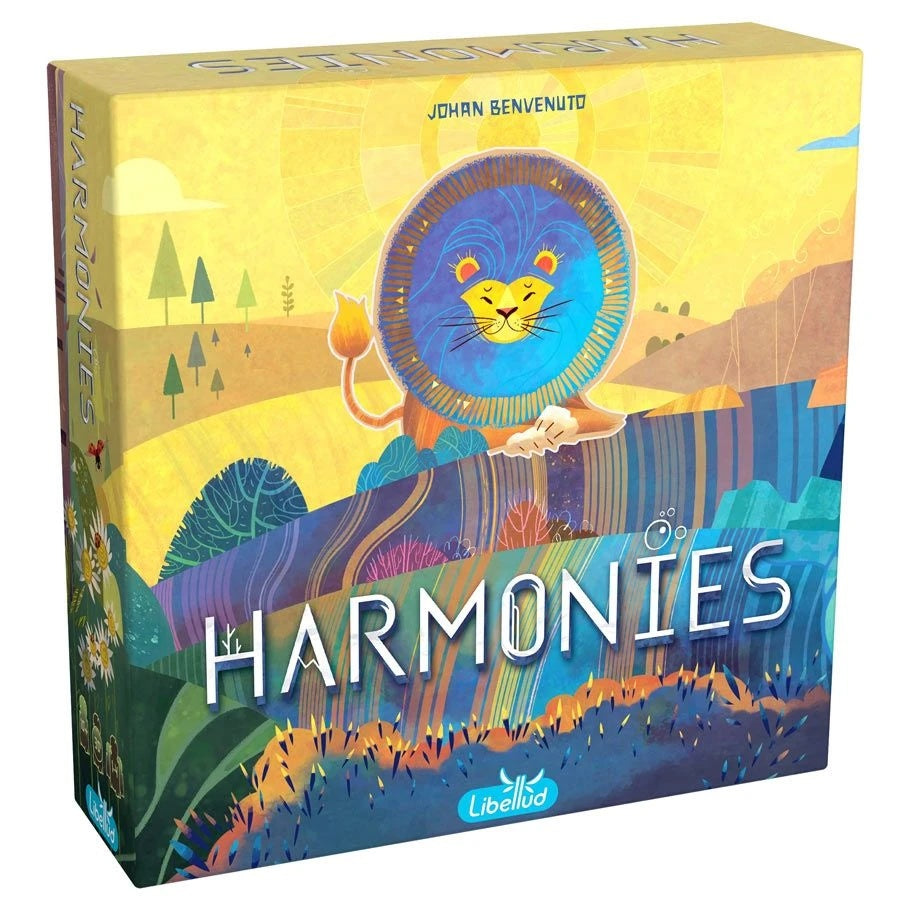 Front of Harmonies board game box by Libellud, featuring a stylized lion amid a vibrant, colorful landscape of hills and trees.