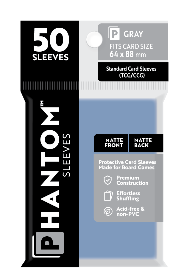 Phantom Sleeves Gray 50-count pack for standard TCG/CCG cards, 64x88mm matte front and matte back card sleeves.