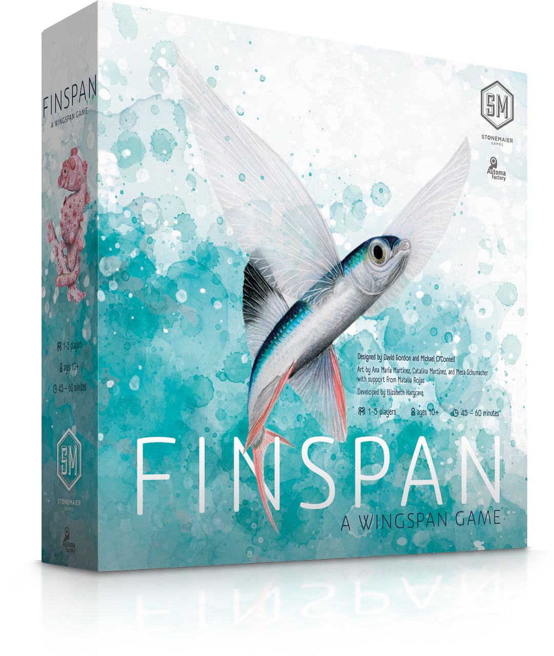Finspan: A Wingspan Game box front by Stonemaier Games featuring a flying fish illustration on a teal watercolor ocean background.