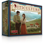 Viticulture Essential Edition board game box showing two vineyard workers holding grapes with a Tuscan winery landscape backdrop.
