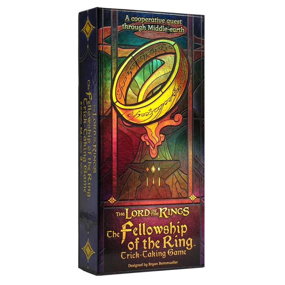 Front box of The Lord of the Rings: The Fellowship of the Ring Trick-Taking Game featuring stained-glass art of the One Ring.