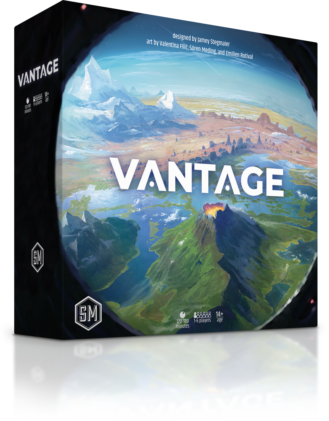 Front of the Vantage board game box showing a sweeping aerial planet landscape with mountains, oceans, and a volcano, designed by Jamey Stegmaier.