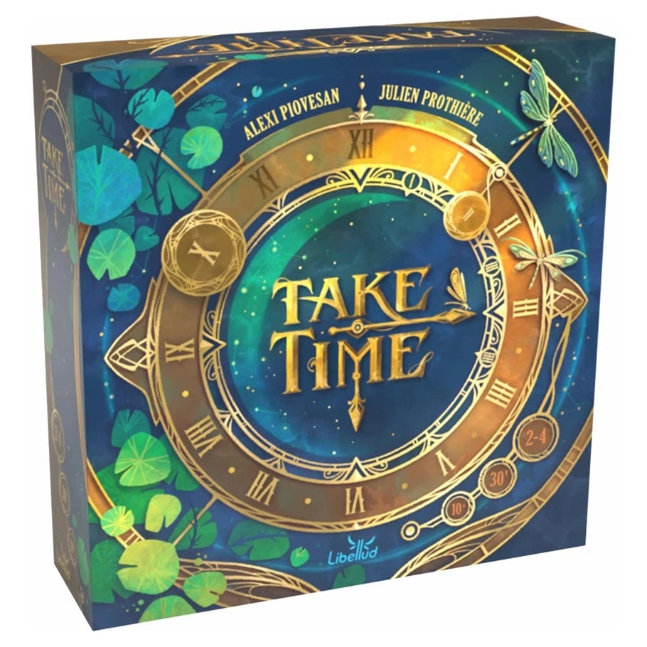 Take Time board game box by Libellud, featuring an ornate golden clock face with dragonflies and lush green foliage on a teal background.