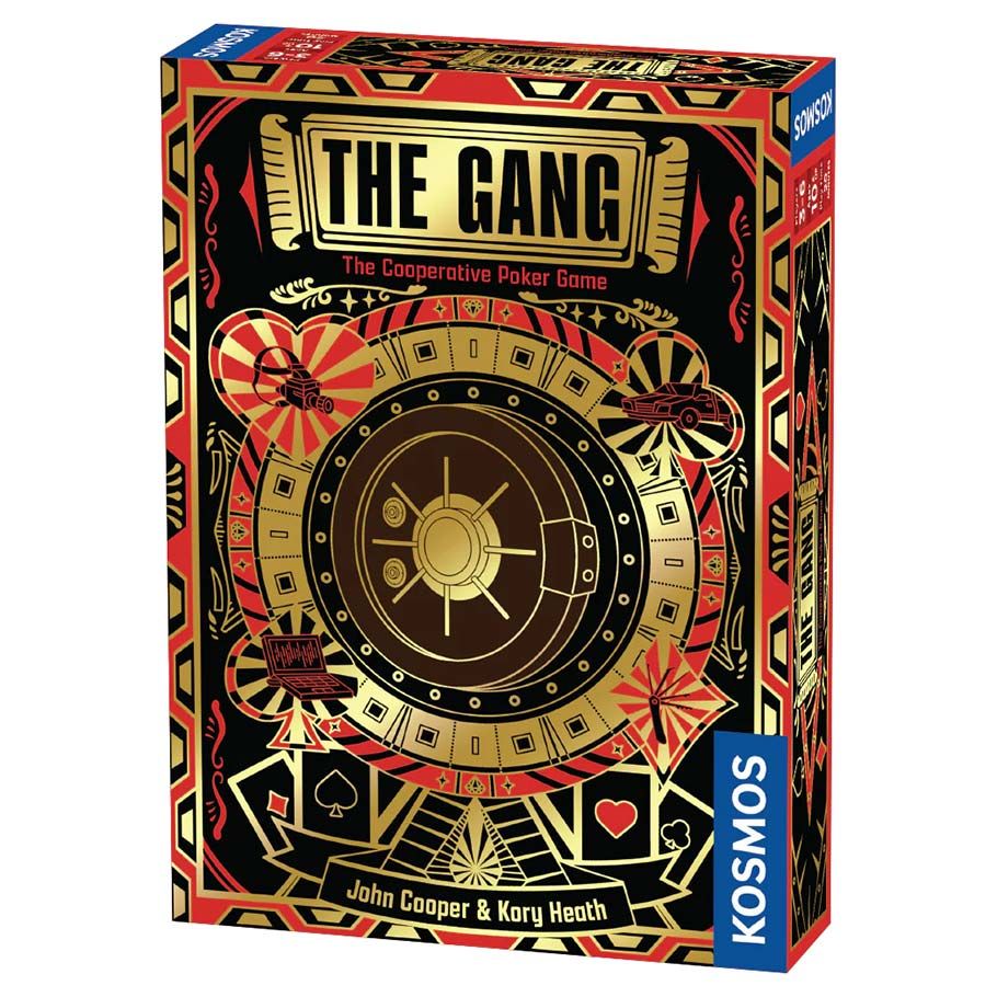 Front box of The Gang: The Cooperative Poker Game by Kosmos, featuring bold red, black, and gold art deco design with a vault door centerpiece.
