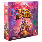 Front of Boss Fighters QR board game box by Pegasus Spiele featuring vibrant fantasy artwork of heroes battling monsters and demons.