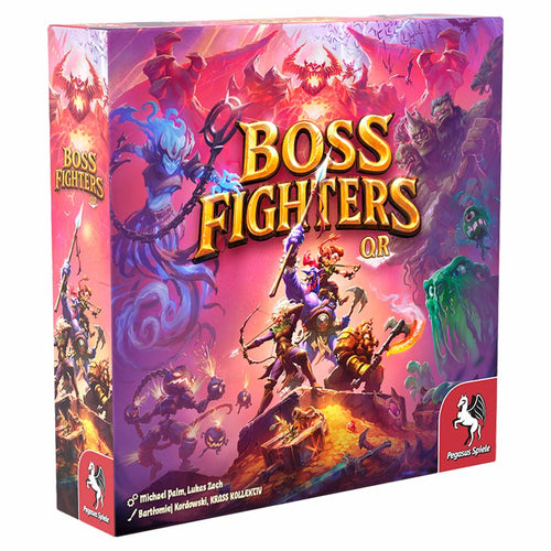 Front of Boss Fighters QR board game box by Pegasus Spiele featuring vibrant fantasy artwork of heroes battling monsters and demons.