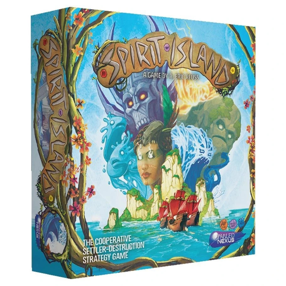 Spirit Island board game box front showing mystical spirits looming over a tropical island with a red sailing ship below, by R. Eric Reuss.