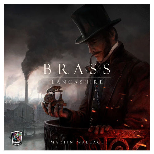 Brass Lancashire board game box featuring a Victorian industrialist in a top hat holding a miniature machine against a smoky factory backdrop.