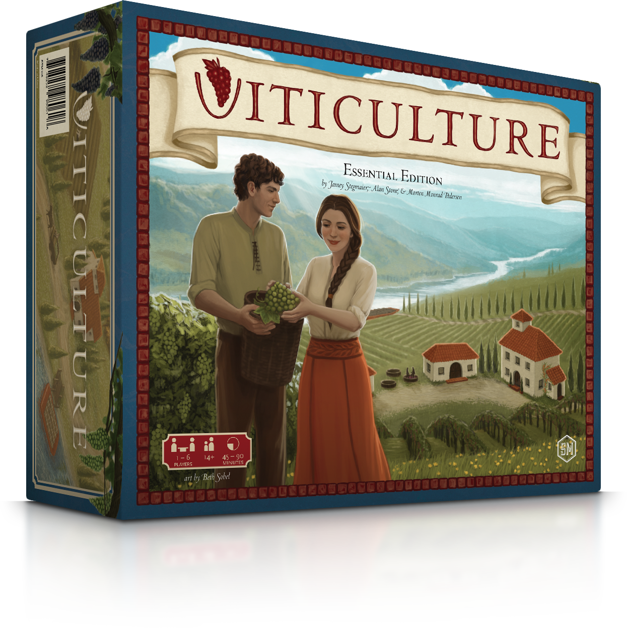 Viticulture Essential Edition board game box showing two vineyard workers holding grapes with a Tuscan winery landscape backdrop.