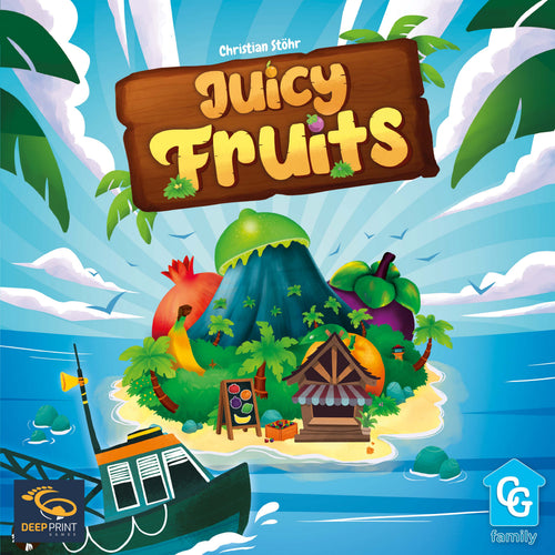 Juicy Fruits board game box front, showing a colorful tropical island with oversized fruits, a volcano, market stall, and arriving boat.