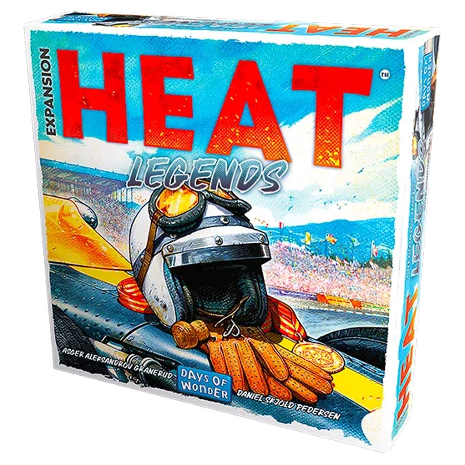 Front of Heat: Legends Expansion box by Days of Wonder, featuring a vintage racing driver in helmet and gloves on a colorful racetrack.