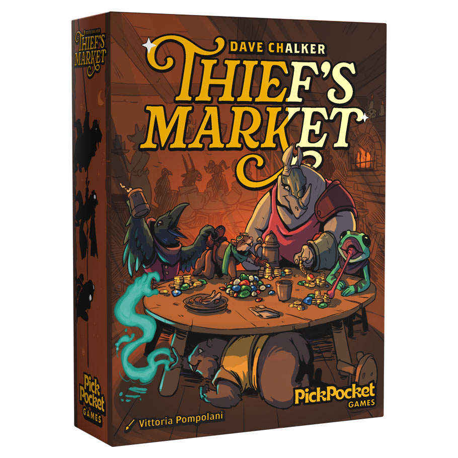 Front box cover of Thief's Market by Dave Chalker, published by PickPocket Games, featuring anthropomorphic animal thieves dividing loot at a tavern table.