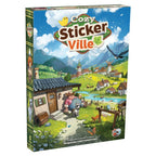 Front box cover of Cozy Stickerville, a cooperative board game for 1-6 players designed by Corey Konieczka, featuring charming village artwork.