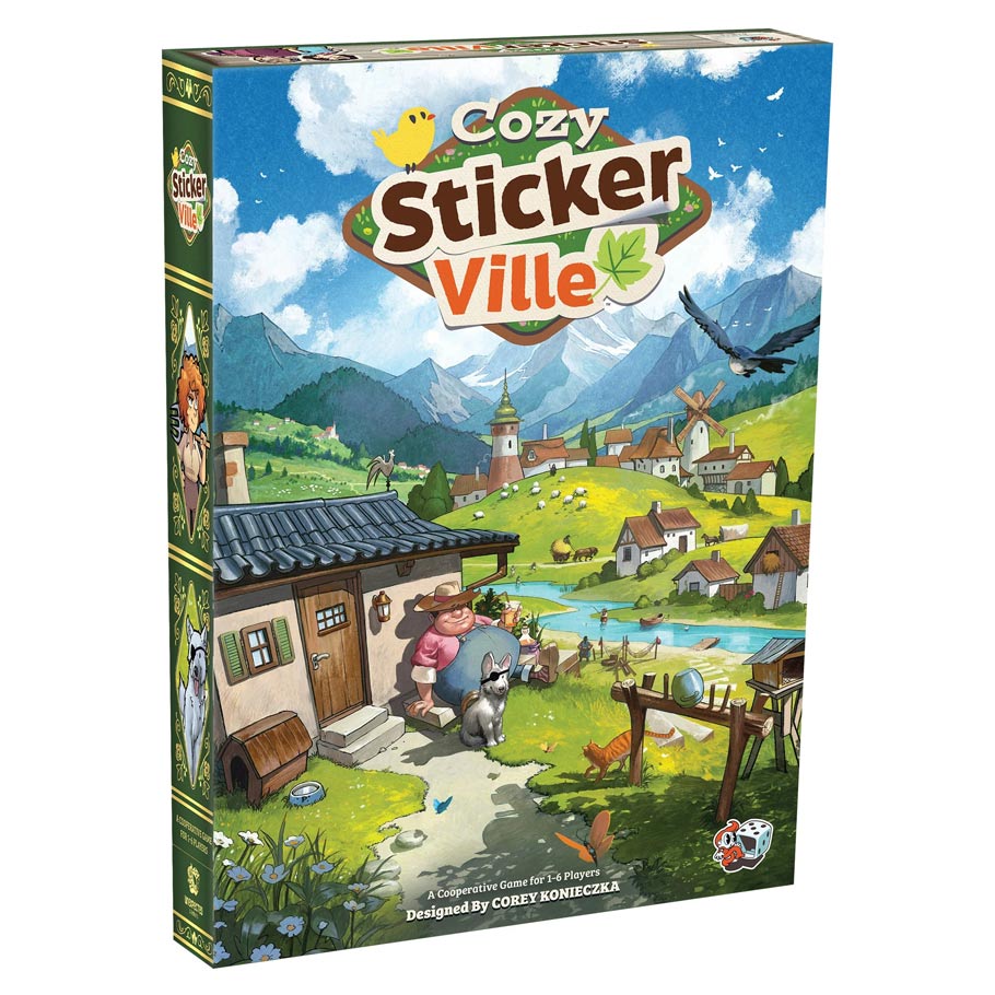 Front box cover of Cozy Stickerville, a cooperative board game for 1-6 players designed by Corey Konieczka, featuring charming village artwork.
