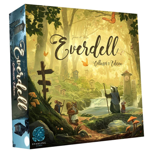 Everdell Collector's Edition board game box by Starling Games featuring whimsical forest artwork with mice and a badger in a sunlit woodland village.