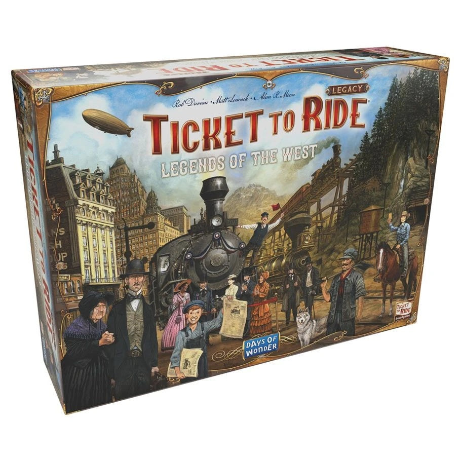 Ticket to Ride Legacy: Legends of the West board game box by Days of Wonder featuring Wild West steam locomotive artwork.