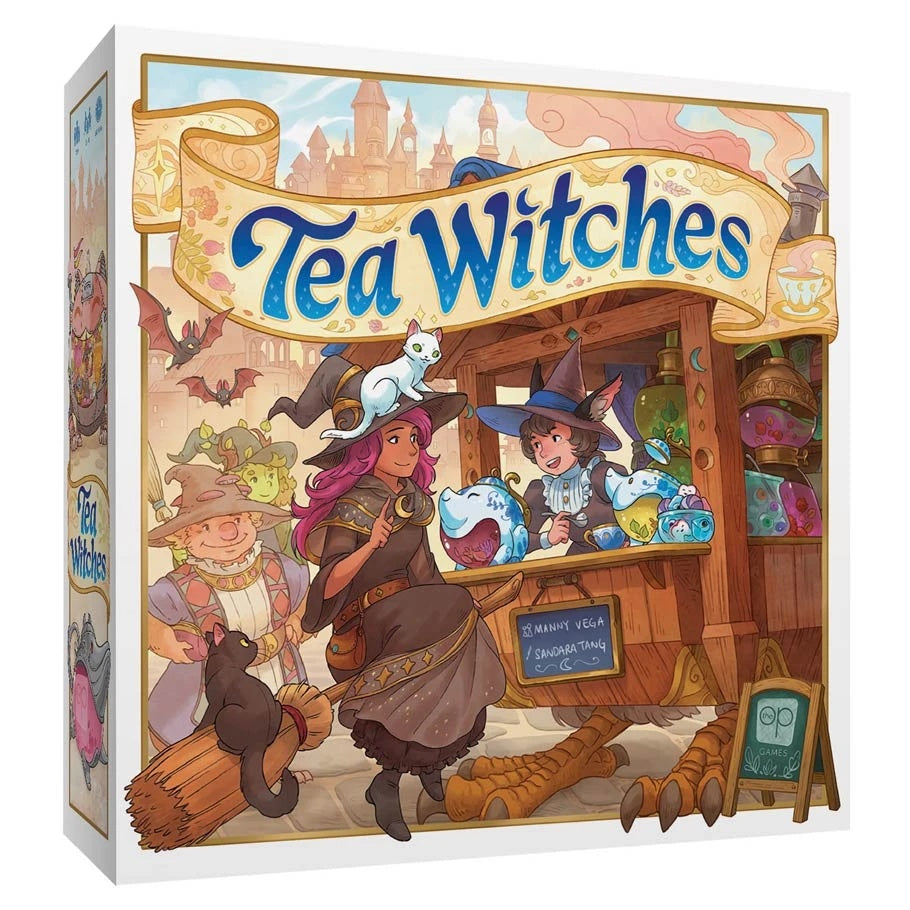 Front-facing box for Tea Witches board game featuring whimsical witch characters at a magical market stall, published by The Op Games.