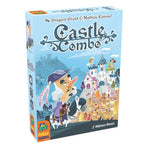 Front box of Castle Combo board game by Pandasaurus, featuring cartoon medieval characters and a colorful castle village illustration.