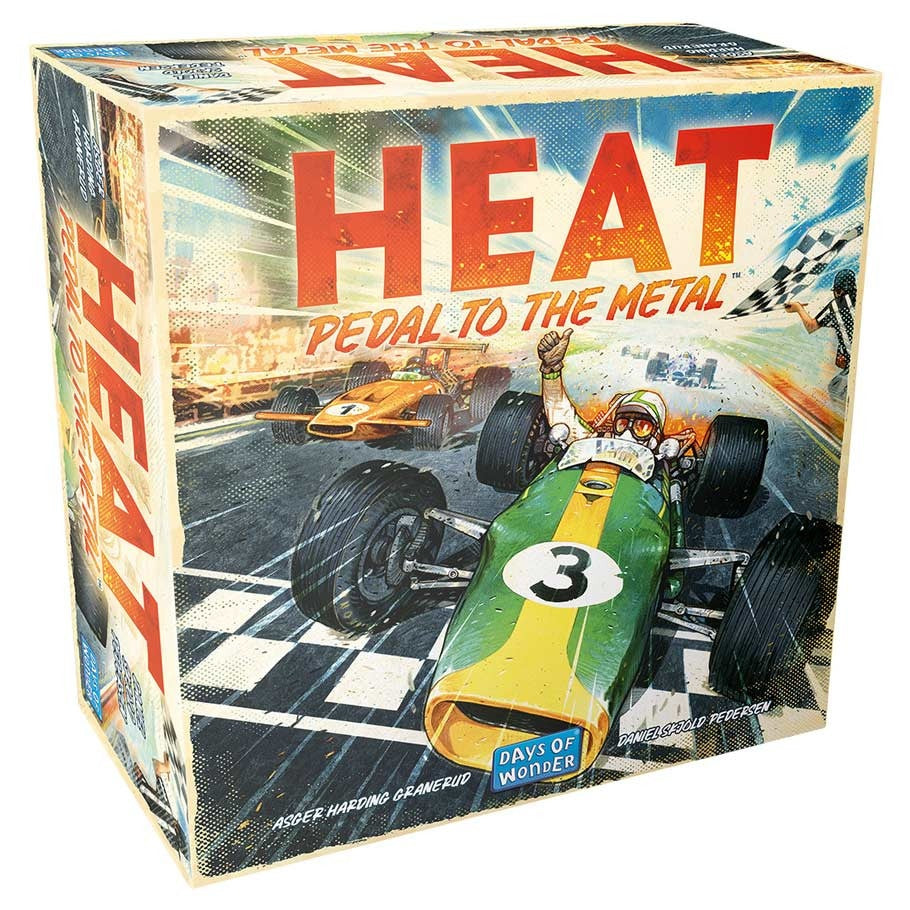 Front of Heat: Pedal to the Metal board game box by Days of Wonder, featuring retro Formula 1 racing car artwork.