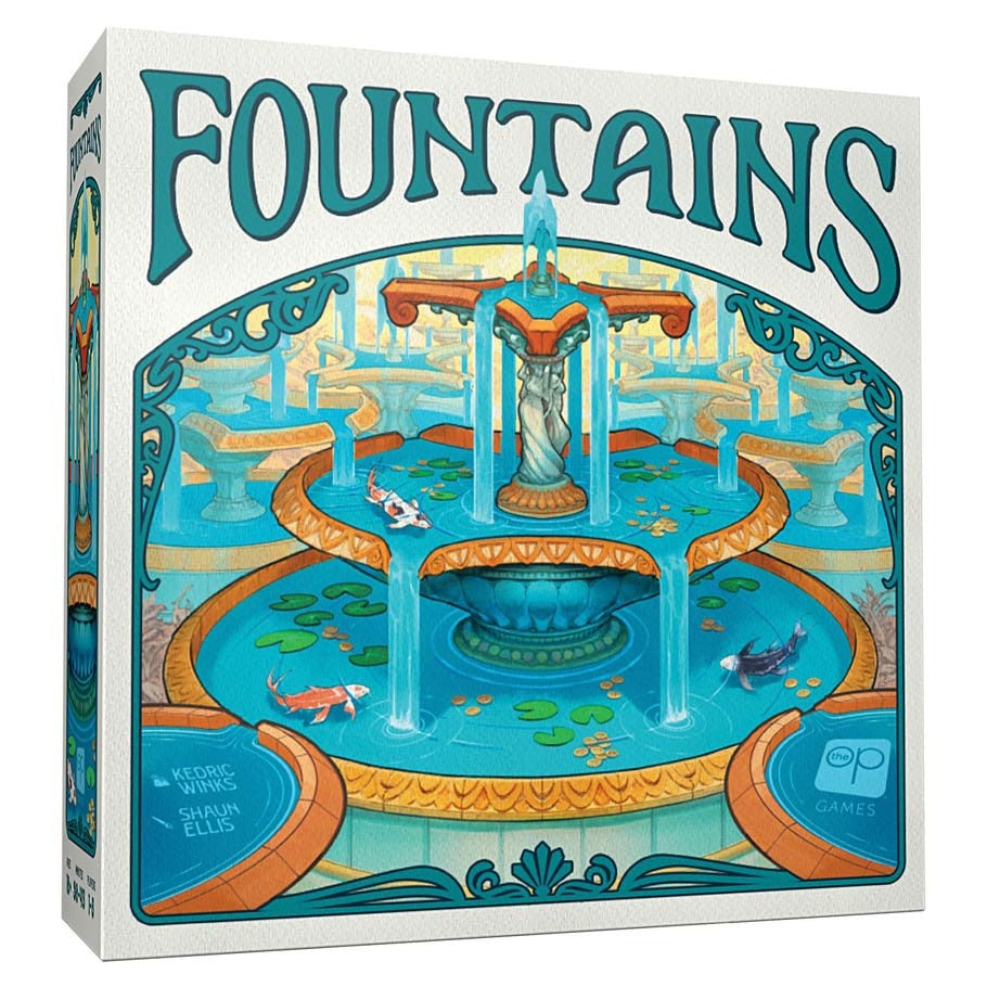 Front box cover of Fountains board game by The Op Games, featuring ornate Art Nouveau tiered fountain with koi fish and lily pads.