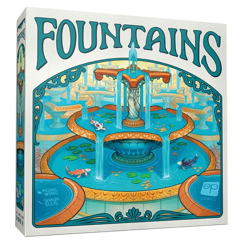 Front box cover of Fountains board game by The Op Games, featuring ornate Art Nouveau tiered fountain with koi fish and lily pads.