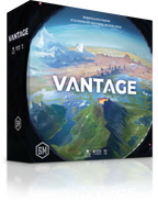 Front of the Vantage board game box showing a sweeping aerial planet landscape with mountains, oceans, and a volcano, designed by Jamey Stegmaier.