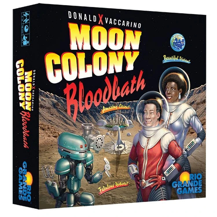 Front box of Moon Colony Bloodbath board game by Donald X. Vaccarino, published by Rio Grande Games, featuring astronauts and a robot on the lunar surface.