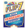 Front box cover of Flip 7: With A Vengeance card game by The Op Games, for ages 8+ with 3+ players, 20-minute playtime.